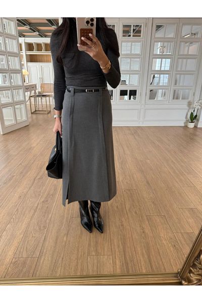 My Blog Anthracite Belted Skirt with Side Slit Detail - 240338