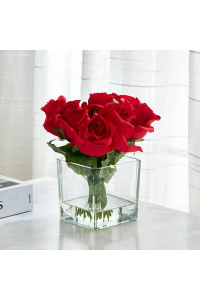 Home Box Liara Rose Buds Arrangement with Still Water in Glass Pot 30 cm
