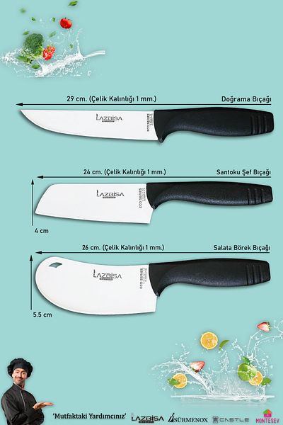LAZBİSA Eco Series Kitchen Knife Set Meat Bread Vegetable Salad Dumpling Chef Knife Set of 3