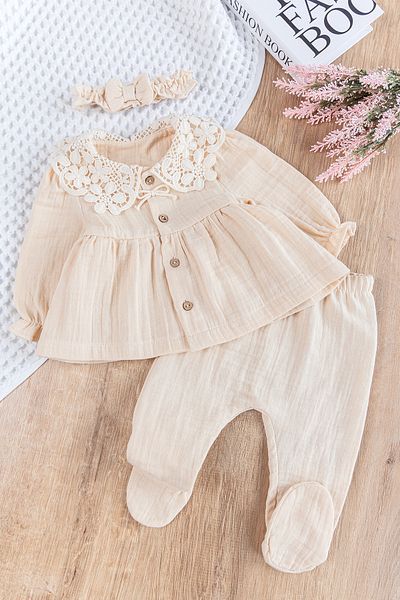 Babymod 3-Piece Muslin Baby Girl Hospital Discharge Set - Guipure Collar and Front Button