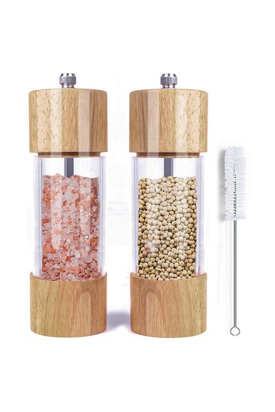 Choice 8 inch 2-pack Wooden Salt and Pepper Grinder Set, Manual Salt and Pepper Mills with Acrylic Visible