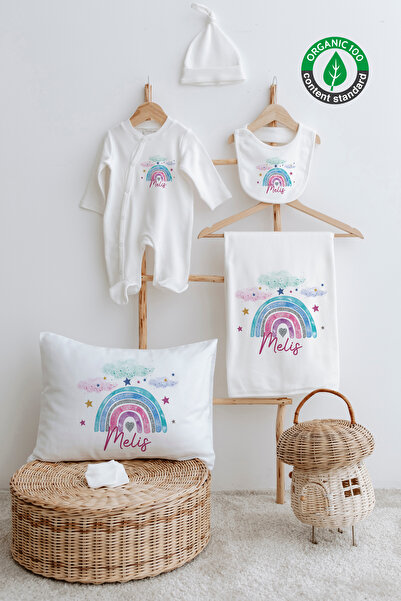 Lilabio %100 Organik Isme Özel Isimli 6lı Hastane Çıkışı Tulum Set Gökkuşağı