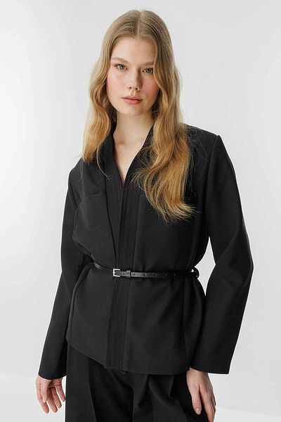 Hooopstore Μαύρο μπουφάν Andera με λεπτομέρεια δερμάτινη ζώνη