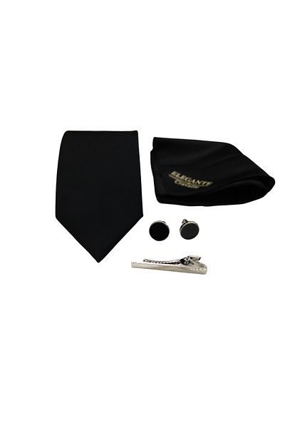 Elegante Cravatte Σετ μανικετόκουμπα και κλιπ γραβάτας σε μαύρο χρώμα με μονόχρωμο μαντήλι τσέπης