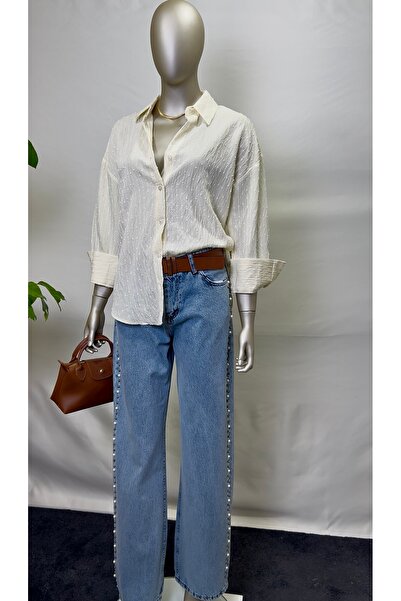 owwon Дамска риза с ивици в цвят екрю