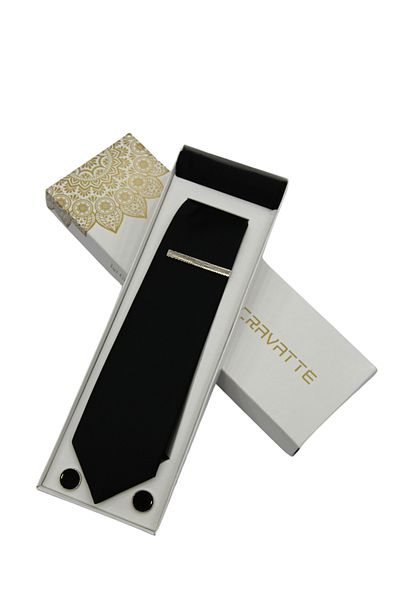 Elegante Cravatte Σετ μανικετόκουμπα και κλιπ γραβάτας σε μαύρο χρώμα με μονόχρωμο μαντήλι τσέπης