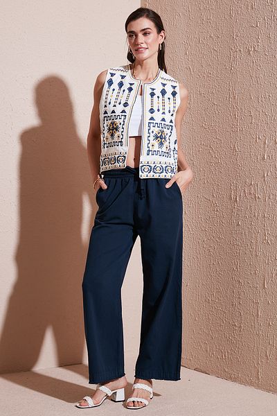 Lela Wide Leg Cotton Regular Fit Pants with High Waist and Pockets - 668Yp4