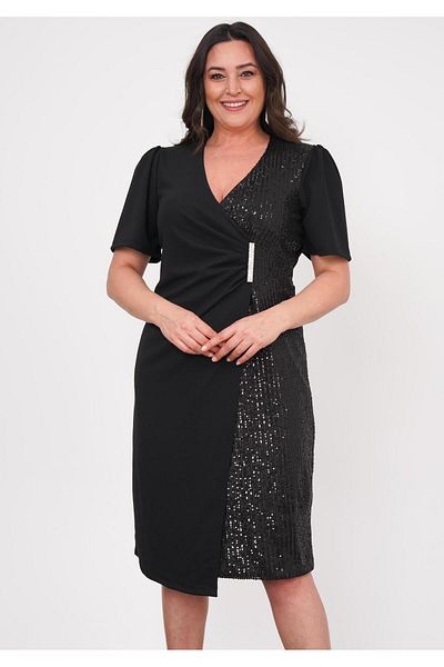 FOR ESRA BIG TREND Rochie de seară țesută cu mânecă scurtă, cu mânecă scurtă, cu paiete, cu cataramă, cu detaliu de accesoriu