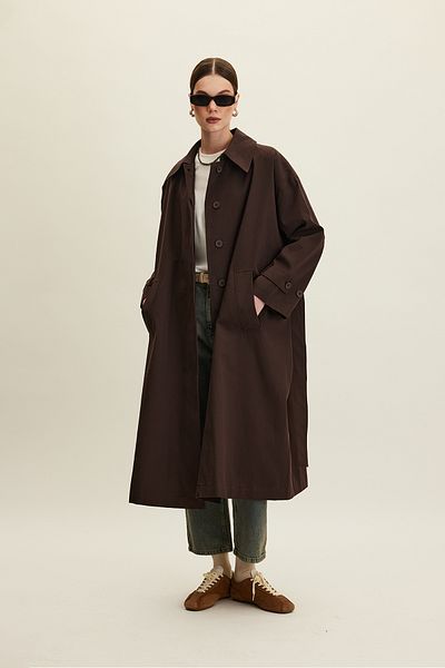 Manuka Πικρό καφέ Χρώμα Oversize Gabardine Trench Coat - Ζώνη