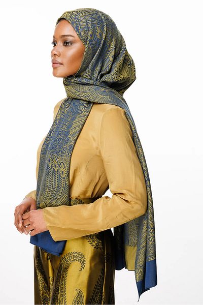 Mooncorn Mayra Pattern Σάλι διπλής όψης Navy Blue-Oil Green