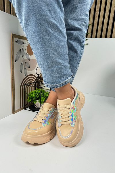 Nstil Nut Patent Leather Hologram Sneaker - Thick Sole, Lace-Up and Tiger Stripe Comfortable Sports Shoes 032
