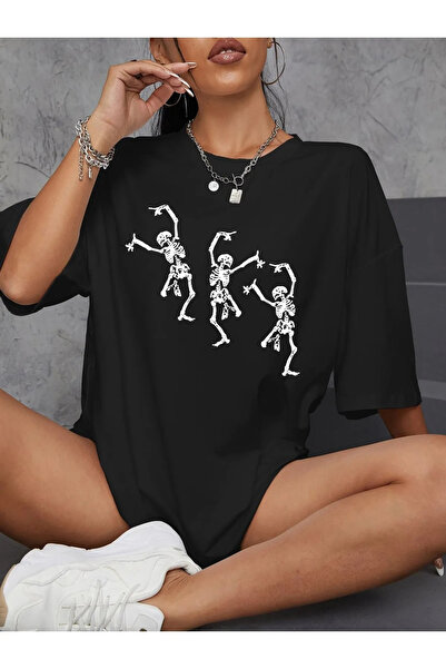 pandy Unisex İskelet Baskılı Oversize Kısa Kollu Tişört