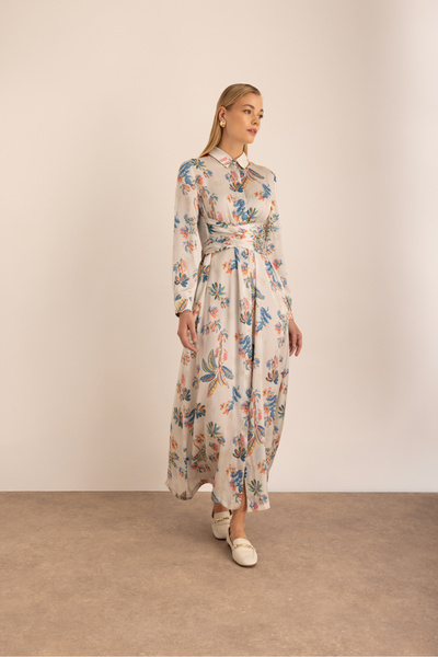 Aker Desenli Bağlama Detaylı Gömlek Elbise