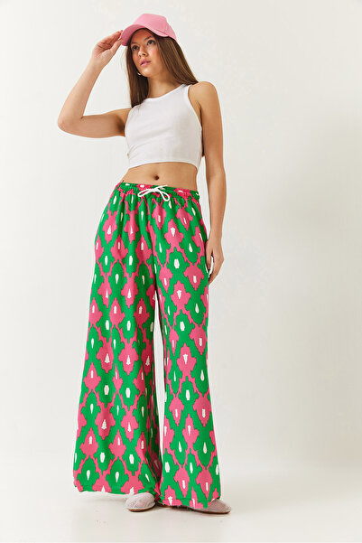 Bianco Lucci Women's Patterned Elastic Waist Laced Pocket Viscose Casual Palazzo Pants 60261435