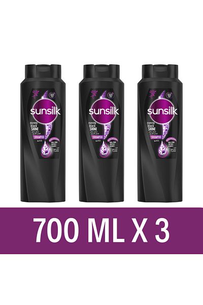 Sunsilk 3 × شامبو، لشعر أسود يدوم طويلاً، لمعان أسود، مع الأملا وبروتين اللؤلؤ وفيتامين إي، 700 مل
