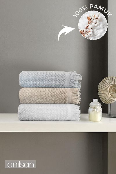 Anılsan Jelena Set of 3 Hand Towels - 50X90 Cm, 225 Gr, 100% Cotton, Spa and Hotel Towels, Daily Use