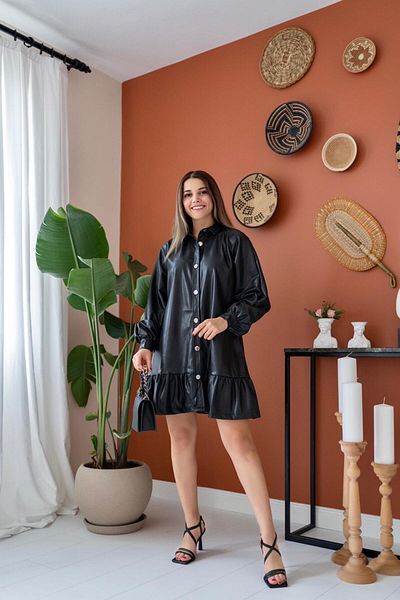 ribana Black Skirt Drawstring Leather Dress