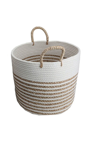 Alsaif Gallery Saif Gallery Cotton Basket Set, 29 x 35 x 37 cm, Round with Handle, 3 Pieces - Beige