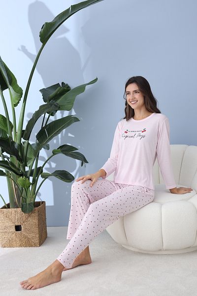 BEYAZTOPTAN White Wholesale Women's Quality Long Sleeve Cherry Pijamas Suit