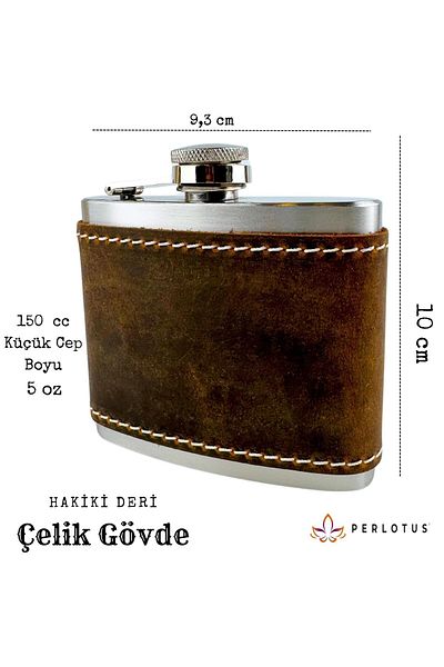 PERLOTUS 5 oz 150 Cc Hazelnut Brown Crazy Leather Sheathed Handmade Steel Whiskey Hip Flask