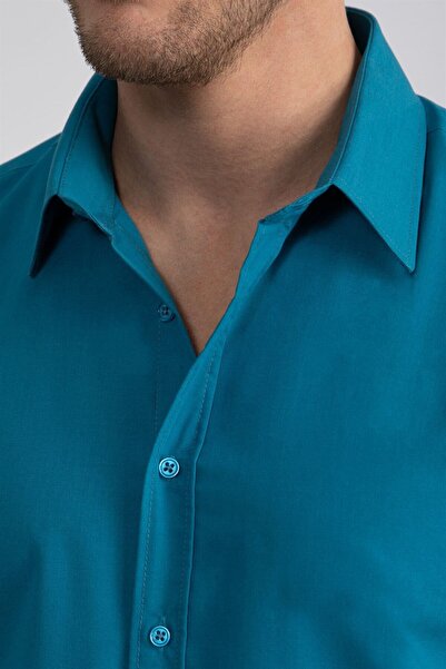 Tudors Erkek Slim Fit Dar Kesim Pamuklu Terry Cotton Kumaş Kolay Ütü Petrol Gömlek