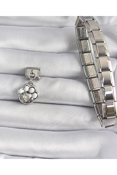 kubotique Stainless Steel White Paw Zircon Stone Heart Italian Bracelet Charm 1 Piece