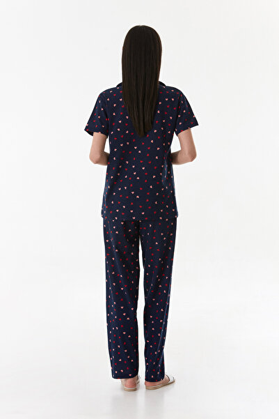 Fulla Moda Heart Patterned Shirt Collar Buttoned Pajamas Set