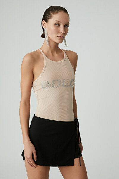 GRIMELANGE Fıola Kadın Çift Katlı Tül Mesh Taşlı Bej Bluz