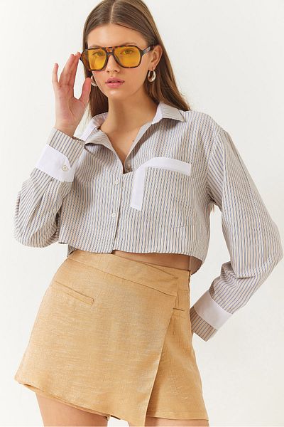 Bianco Lucci Women's Striped Garni Pocket Detailed Long Sleeve Crop Shirt 4469 60261423