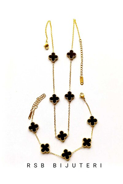 RSB Bijuteri Bileklik ve zincir'li kolye ONIKS siyah taş 316 L çelik altın ka...