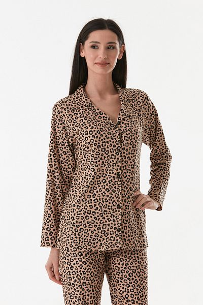 Fulla Moda Set de pijamale din piele intoarsa cu guler camasa cu model leopard