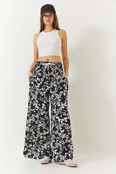 Bianco Lucci Women's Elastic Waist Tie Patterned Pocket Viscose Palazzo Trousers 60261433