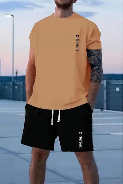 NO 601 Men's Beige Different Printed Oversize T-Shirt Black Short Set