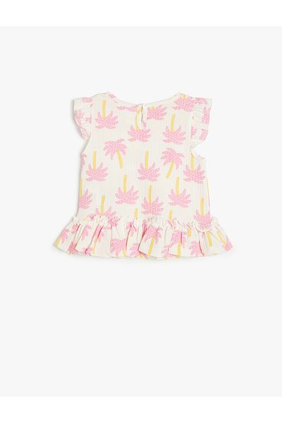 Koton Frilly Peplum T-Shirt Cap Sleeve Printed Round Neck