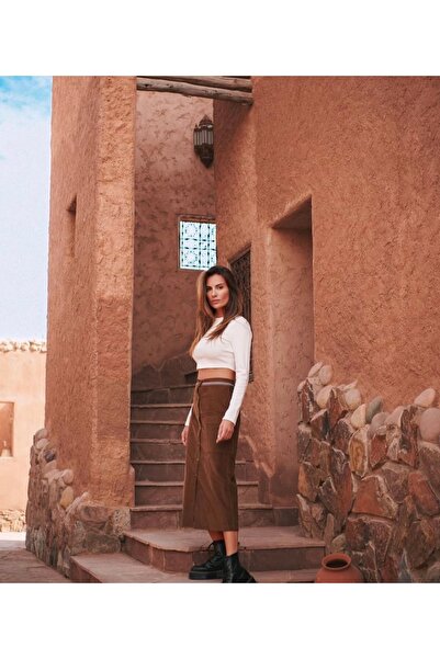 MARE BUTİK Kahverengi Önden Düğmeli Kadife Çan Etek