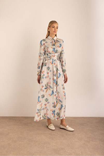 Aker Desenli Bağlama Detaylı Gömlek Elbise