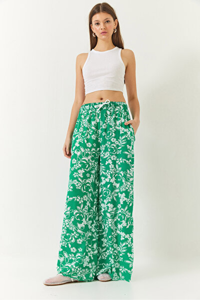 Bianco Lucci Women's Elastic Waist Tie Patterned Pocket Viscose Palazzo Trousers 60261433