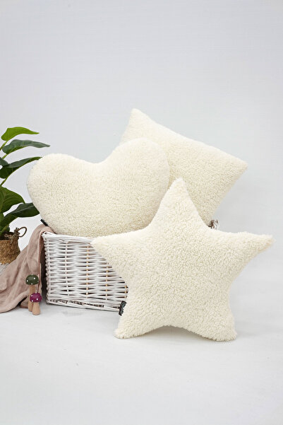 mordesign Set of 3, Teddy Fabric Soft Textured Decorative Pillow, Filled Gift Pillow (Square, Heart, Star)