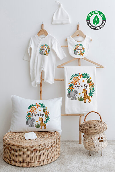 Lilabio %100 Organik Isme Özel Isimli 6lı Hastane Çıkışı Tulum Set Safari