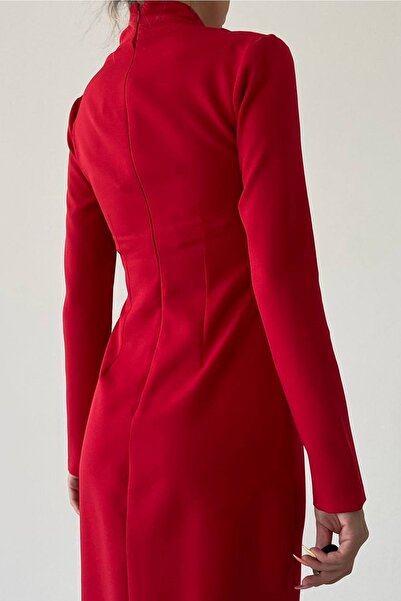 bayansepeti Kırmızı Atlas Kumaş Yarım Balıkçı Yaka Çift Yırtmaç Detaylı Midi Abiye Elbise 339