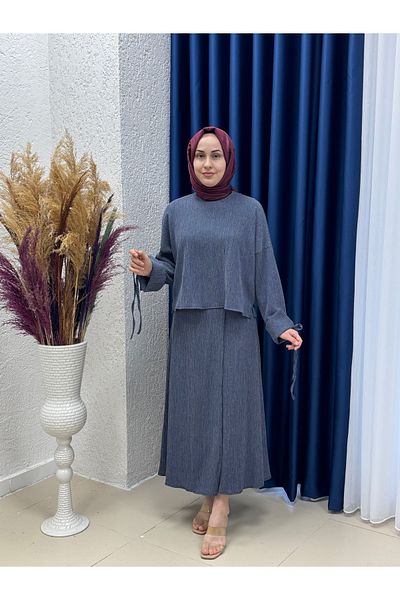 Ebrar Store Uludag Suit with Dilba Sleeves and Drawstring Skirt-Ek-H-110-2 Navy