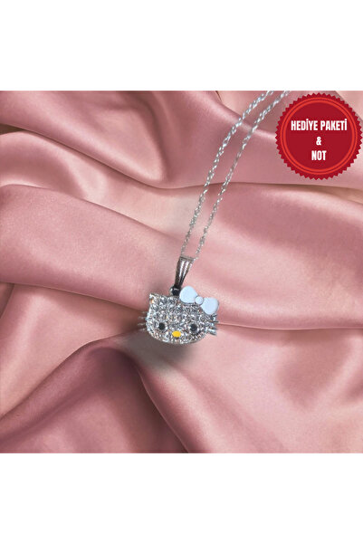MUUN STORE Kedi Figürlü Taşlı Gümüş Renk Zincir Detaylı Çelik Kolye – Zarif T...