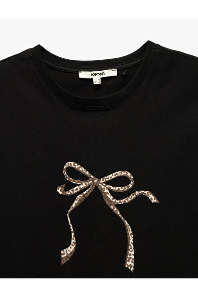 Koton Černé dámské tričko s leopardím vzorem s mašlí 5sak50096ek