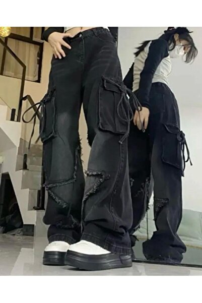 KOTOLOG Y2K Vintage Φαρδύ τζιν παντελόνι με φαρδύ πόδι με λεπτομέρεια με κορδόνι τσέπης