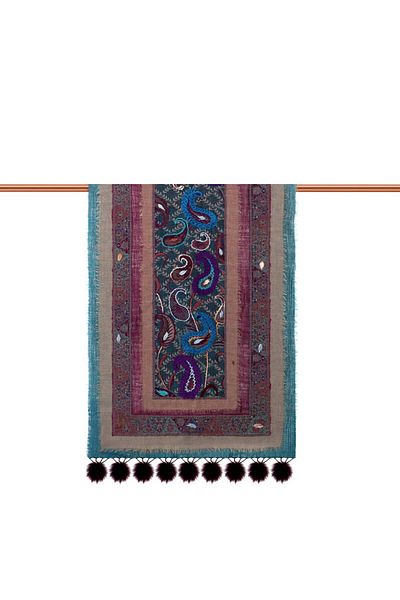 Bursa İpek Petrol Blue Three Layers Washed Wool Pompom Shawl