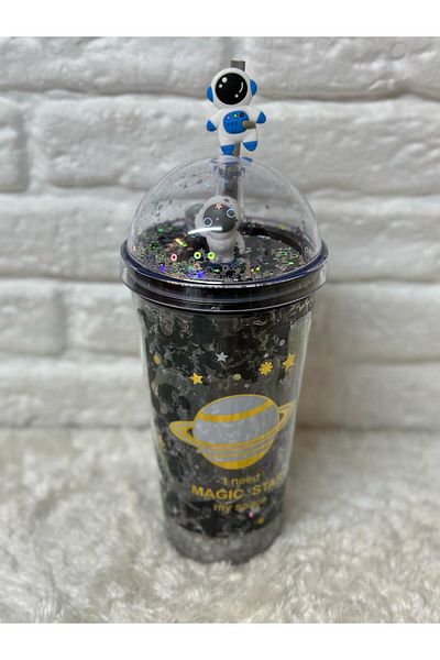 Zizu Colorful Mica Lighted Double Layer Glass Water Bottle with Straw 500 ml
