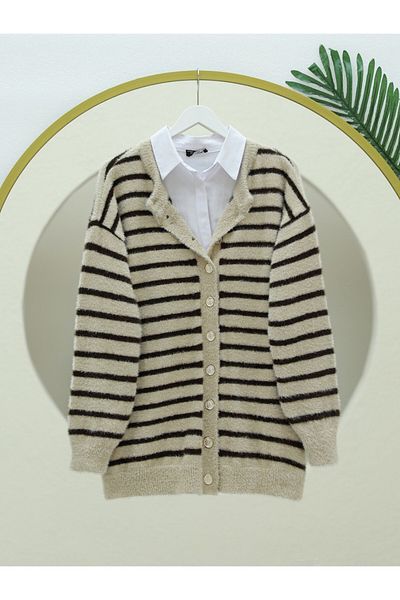 Modamorfo Round Neck Striped Buttoned Soft Knitwear Cardigan - Brown