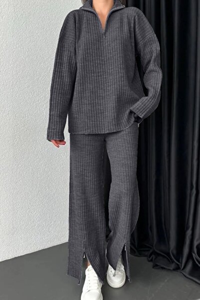 miratriko Zipper Detail Knitwear Sweater Trousers Double Set