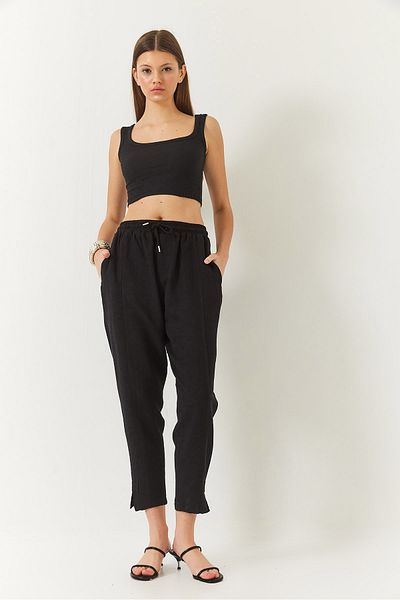 Bianco Lucci Women's Linen Elastic Waist Tie-Up Trousers with Detailed Pockets and Carrot Cut 60261419