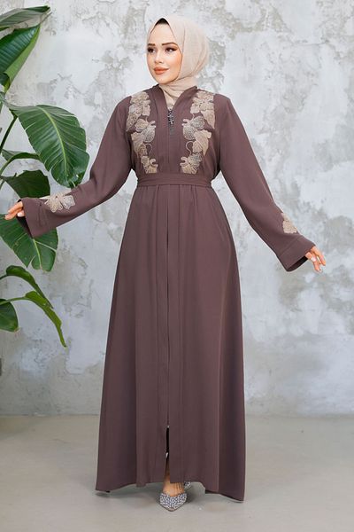 Neva Style Embroidered Brown Hijab Ferace 29124Kh